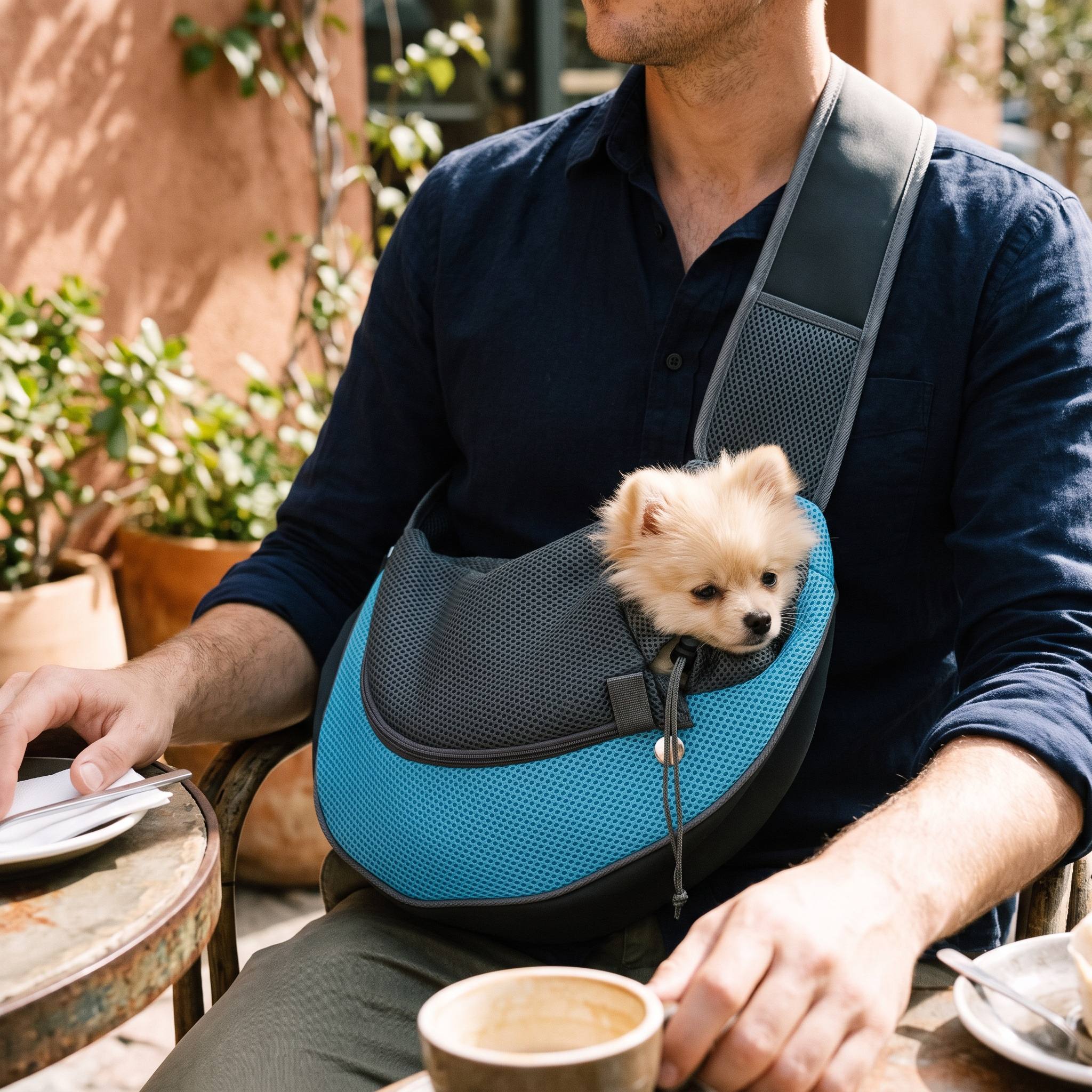 Sky Blue sling worn at a cafe with a small pet resting inside