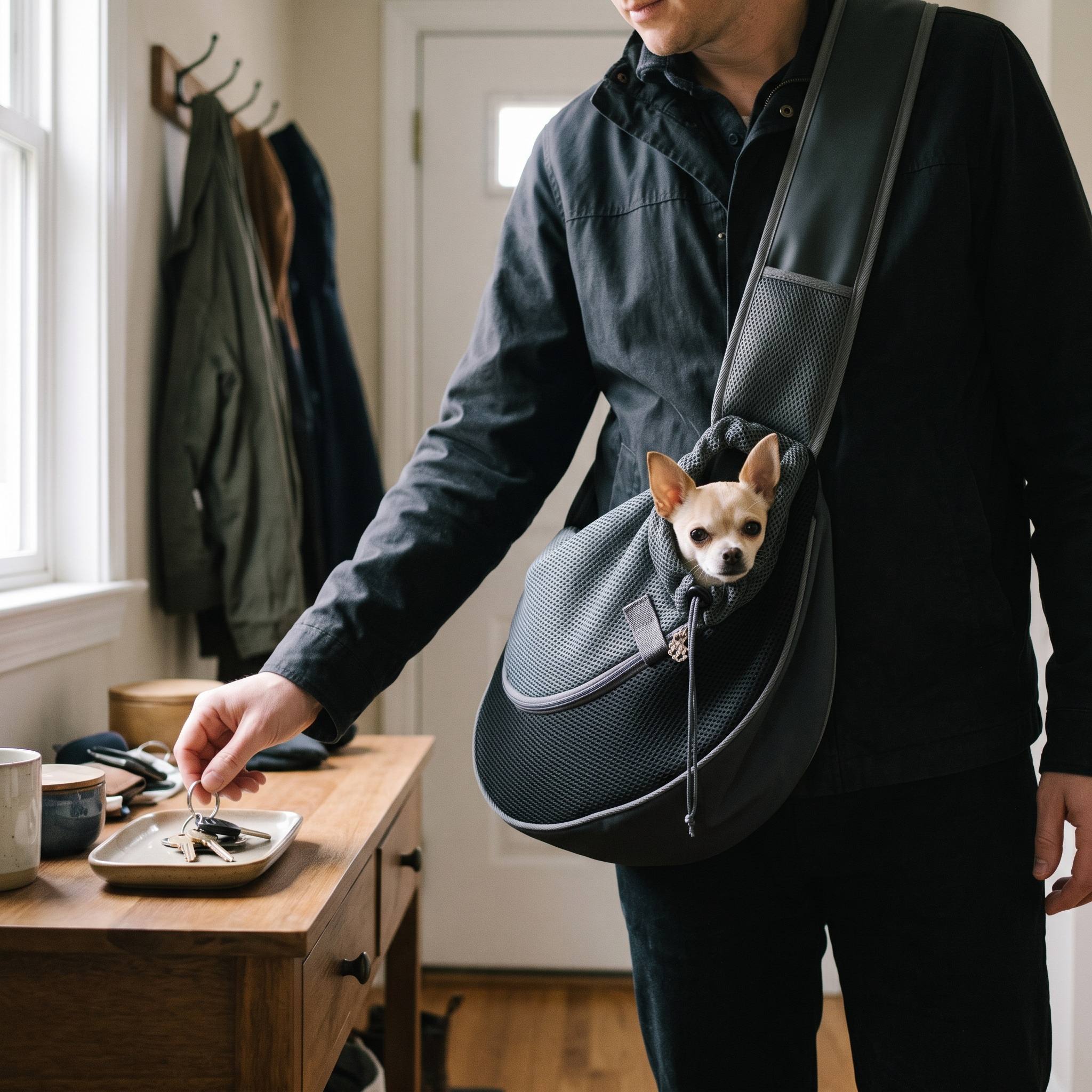 Man wearing a Black Carrykin sling while collecting keys in a hallway