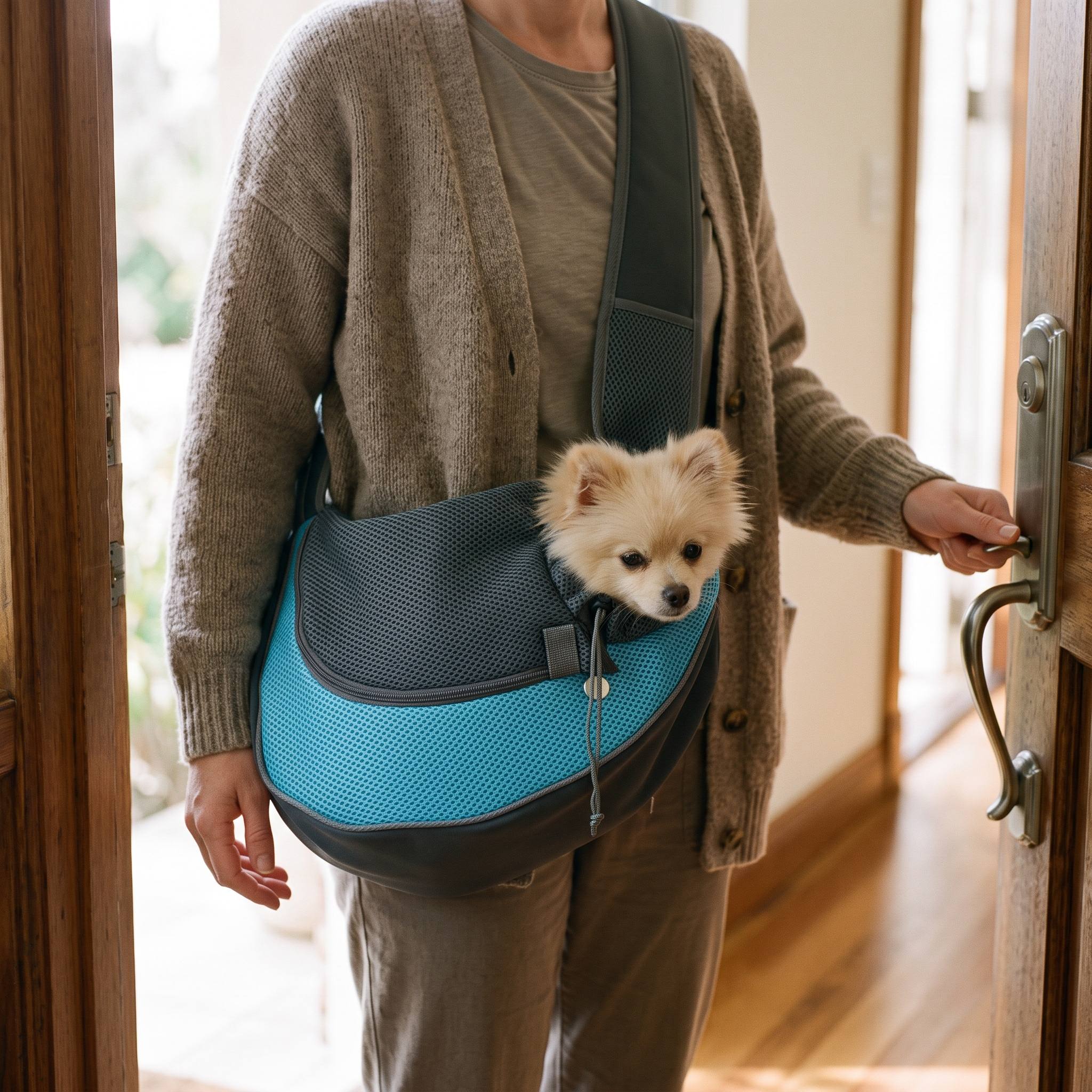 Adult opening a front door with a cream Pomeranian in a Sky Blue Carrykin sling