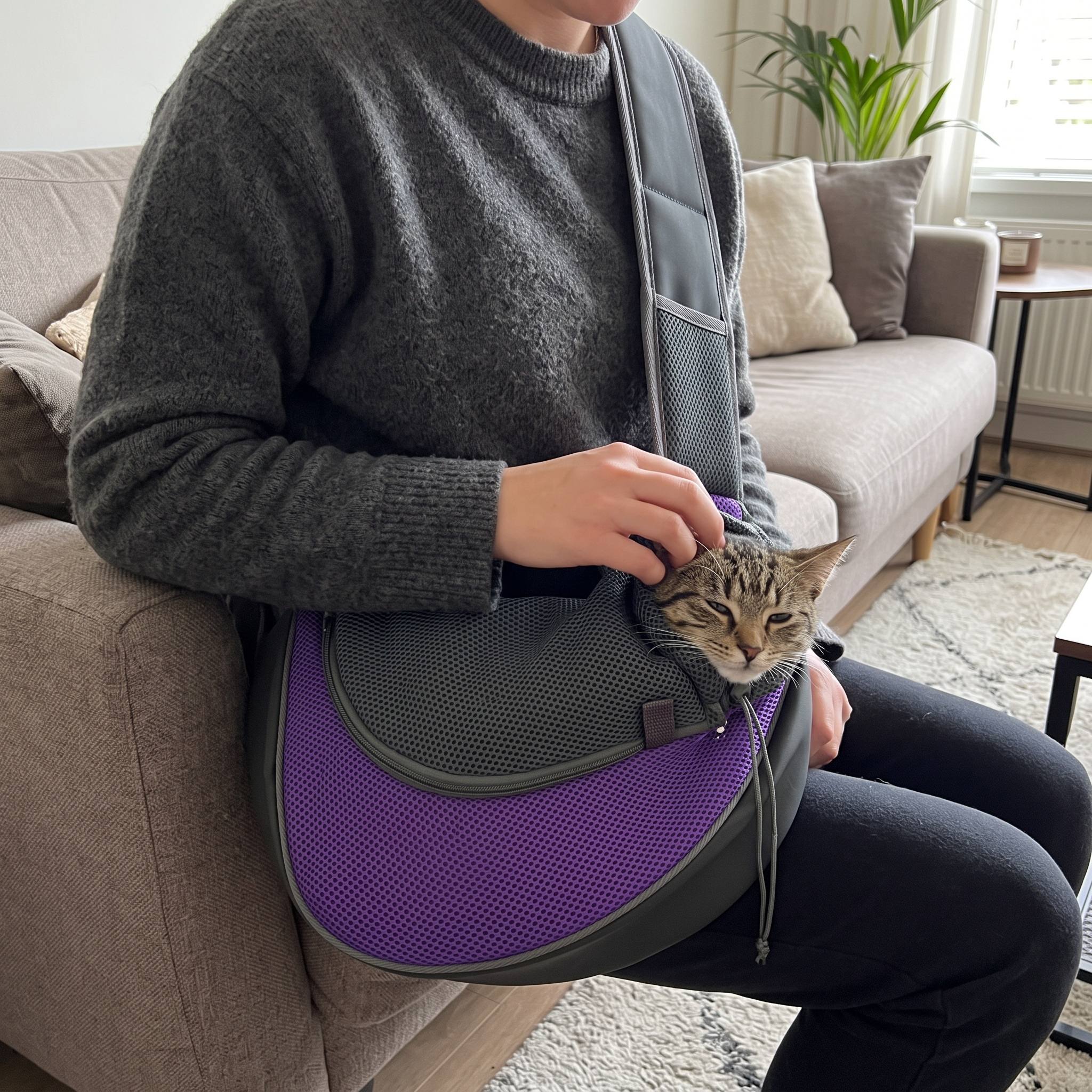 Owner seated at home introducing a cat to a Purple Carrykin sling