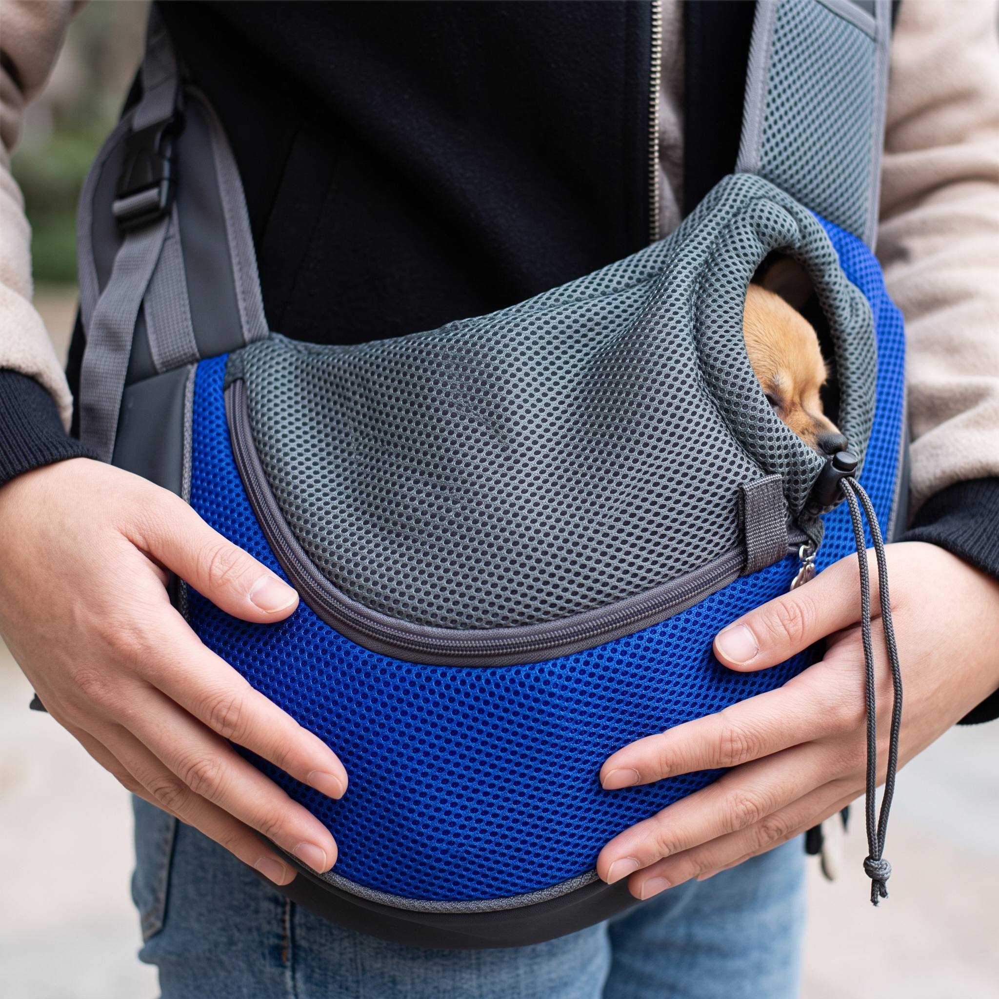 Blue sling close-up: airy mesh for outings