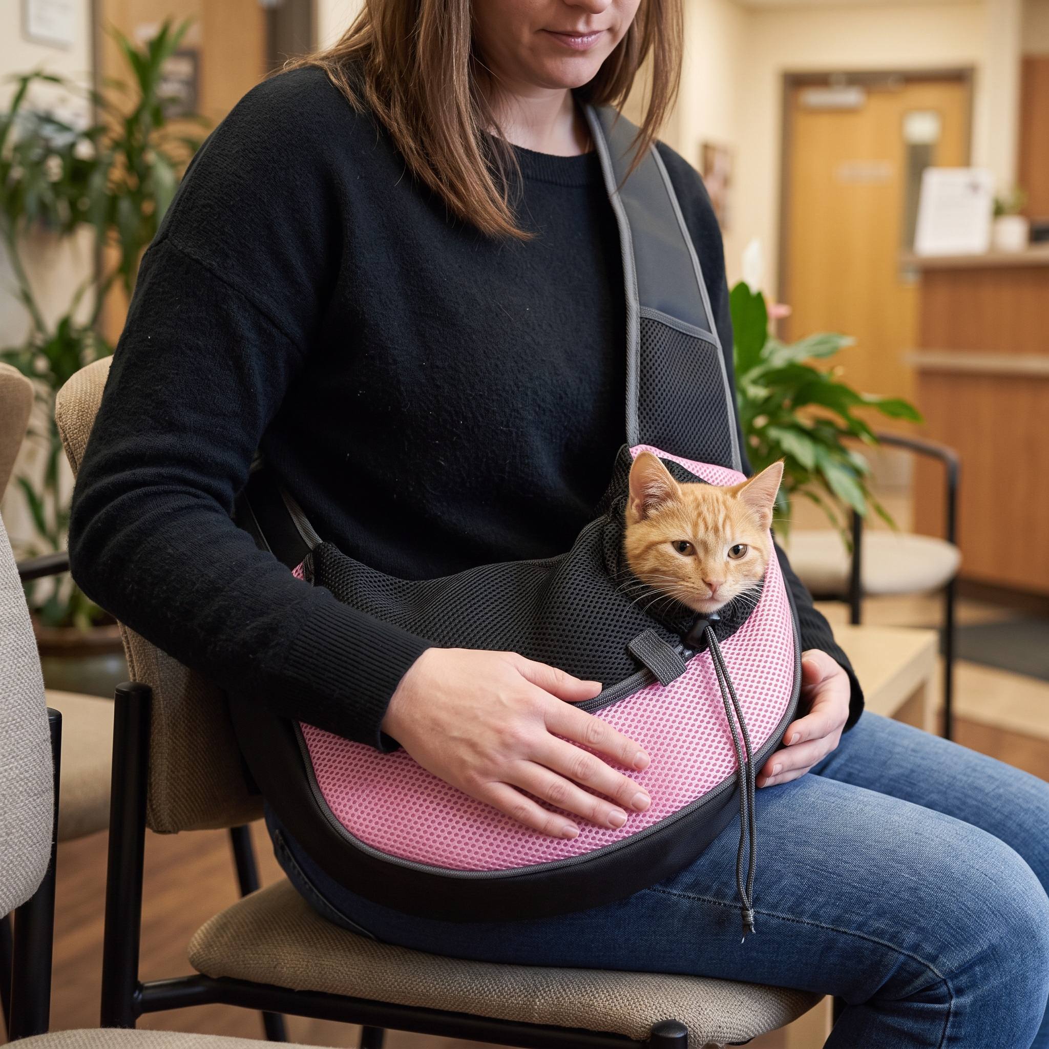 Pink sling carrying a cat in a vet lobby