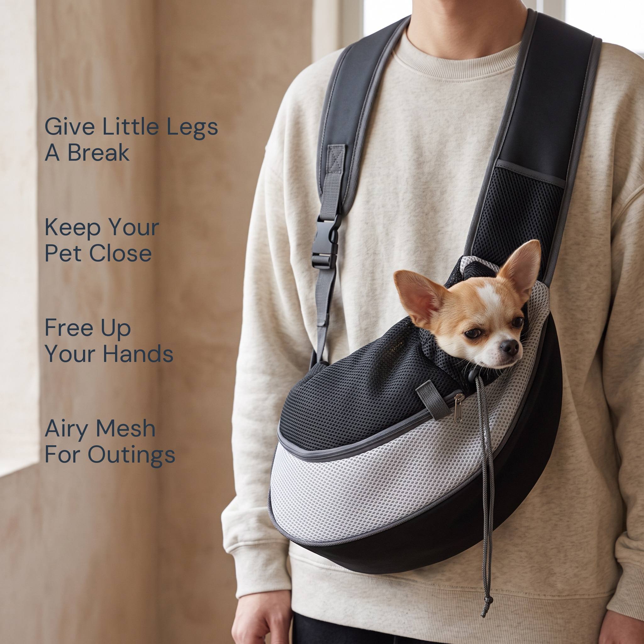 Grey sling worn close: keep your pet close