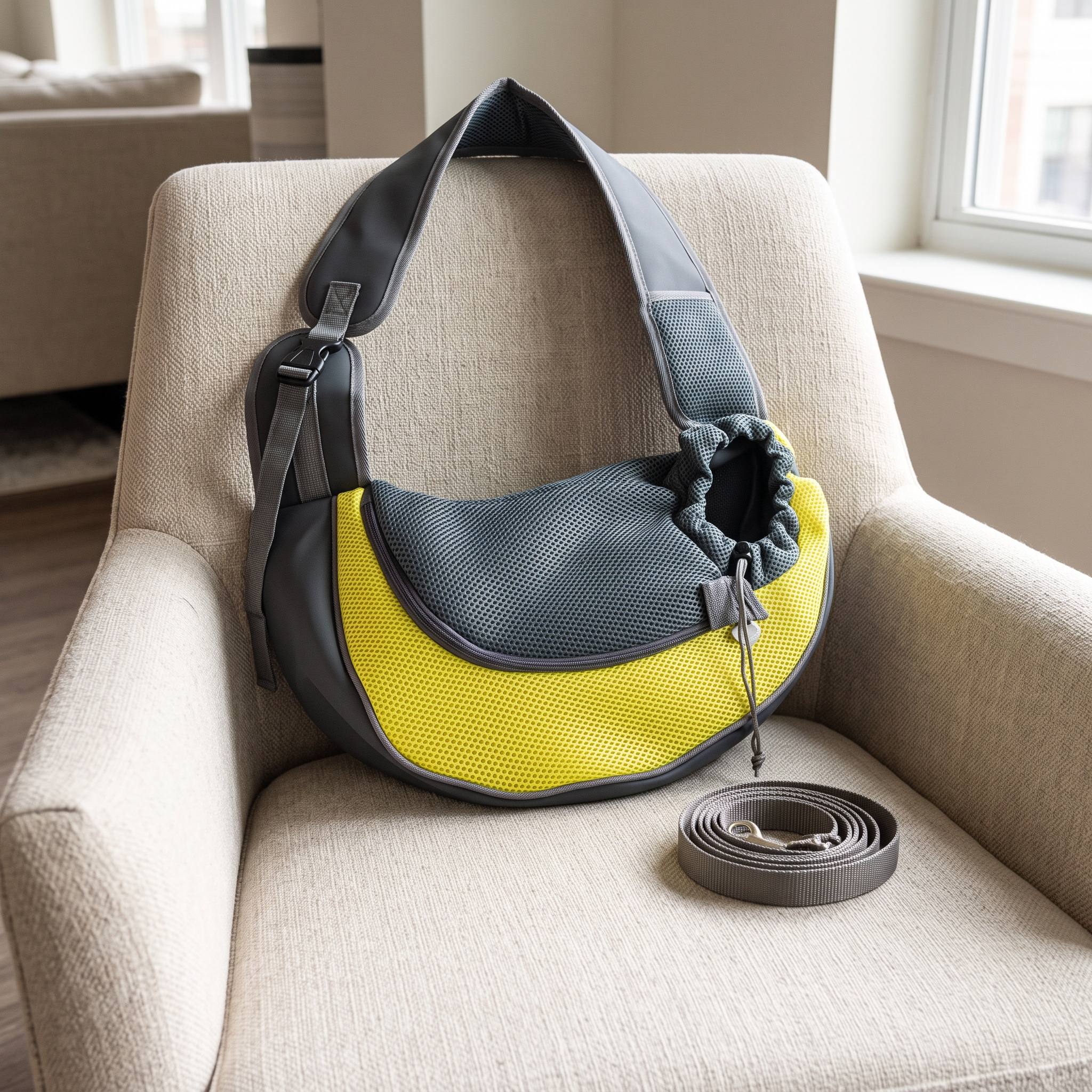 Yellow empty sling shown beside a leash for scale