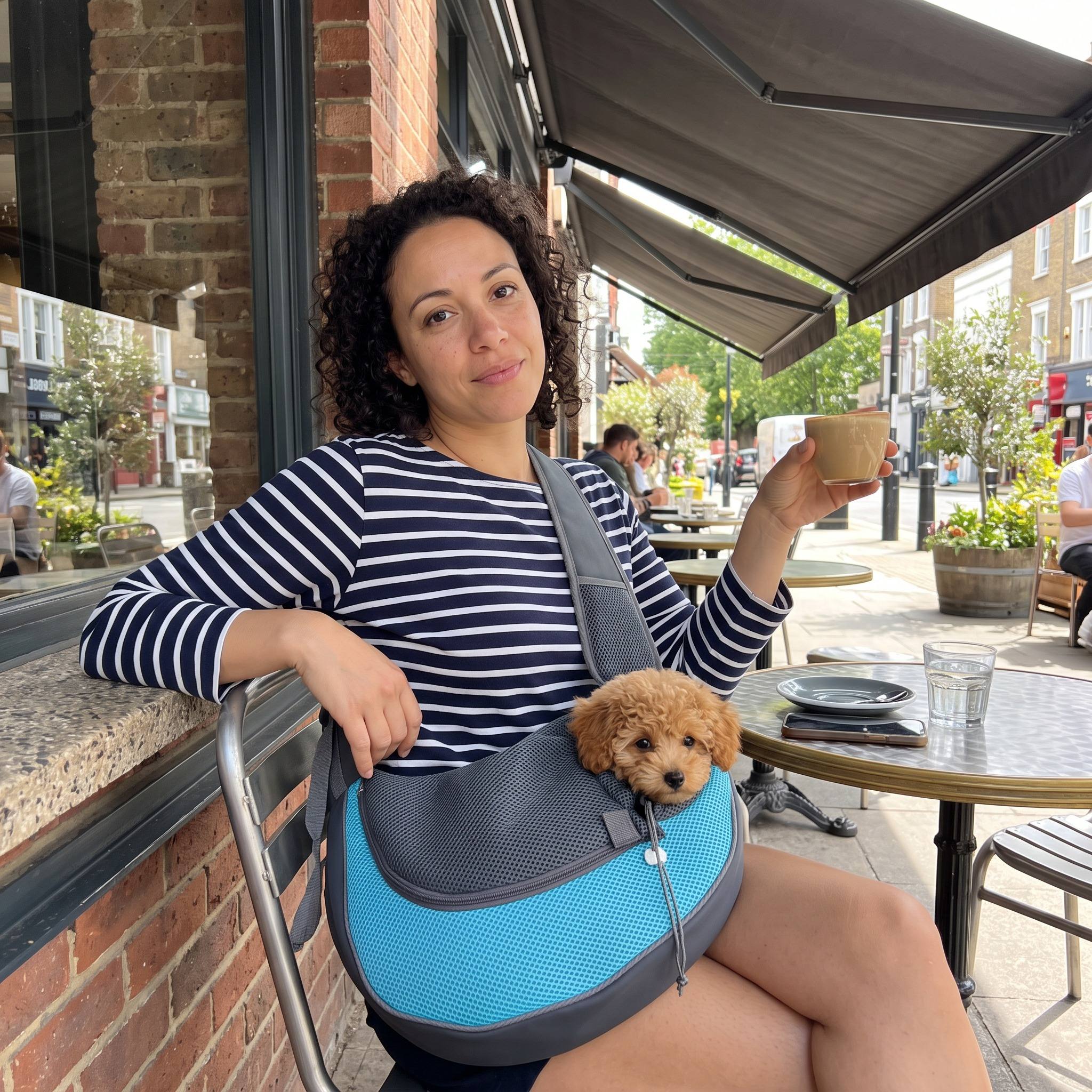 Sky blue sling during a shaded cafe visit