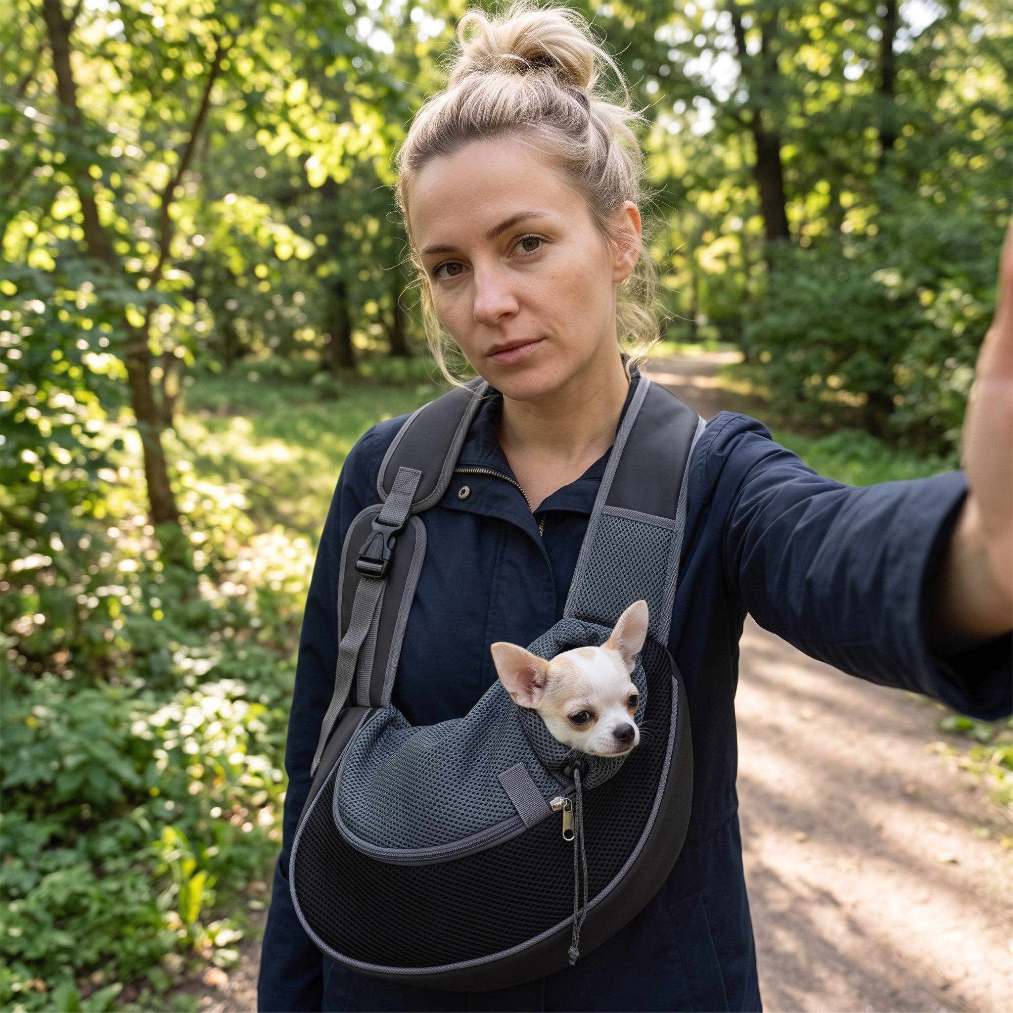 Park selfie with a black sling and Chihuahua