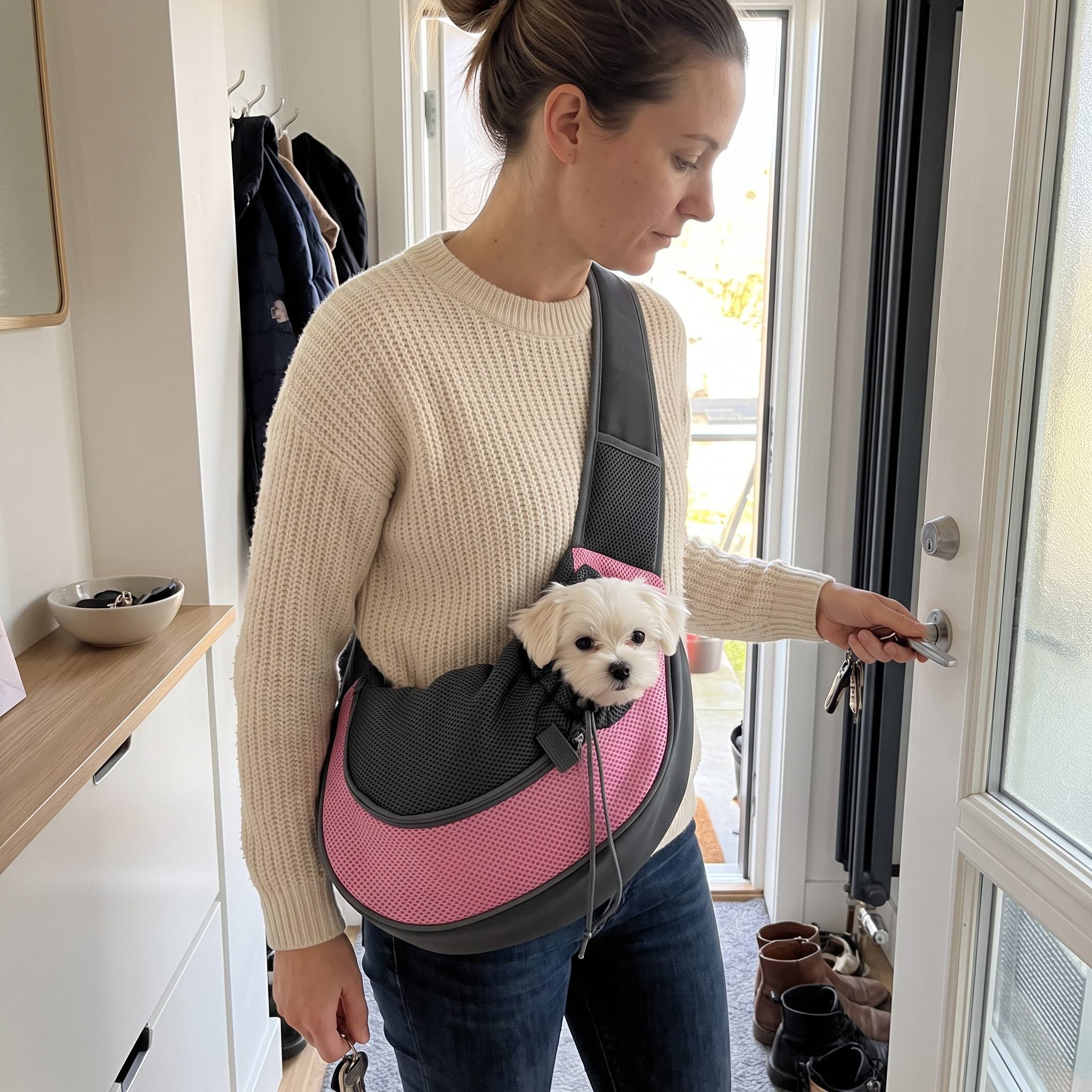 Getting ready at the front door with a pink sling
