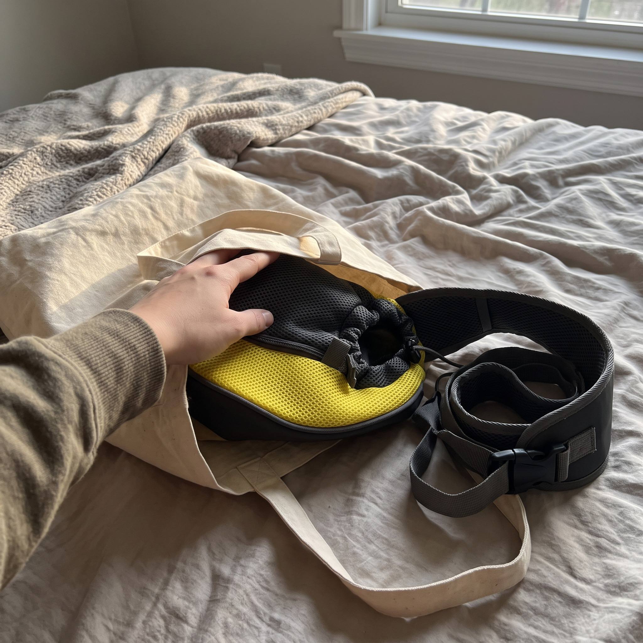 Folding the yellow sling into a tote for storage