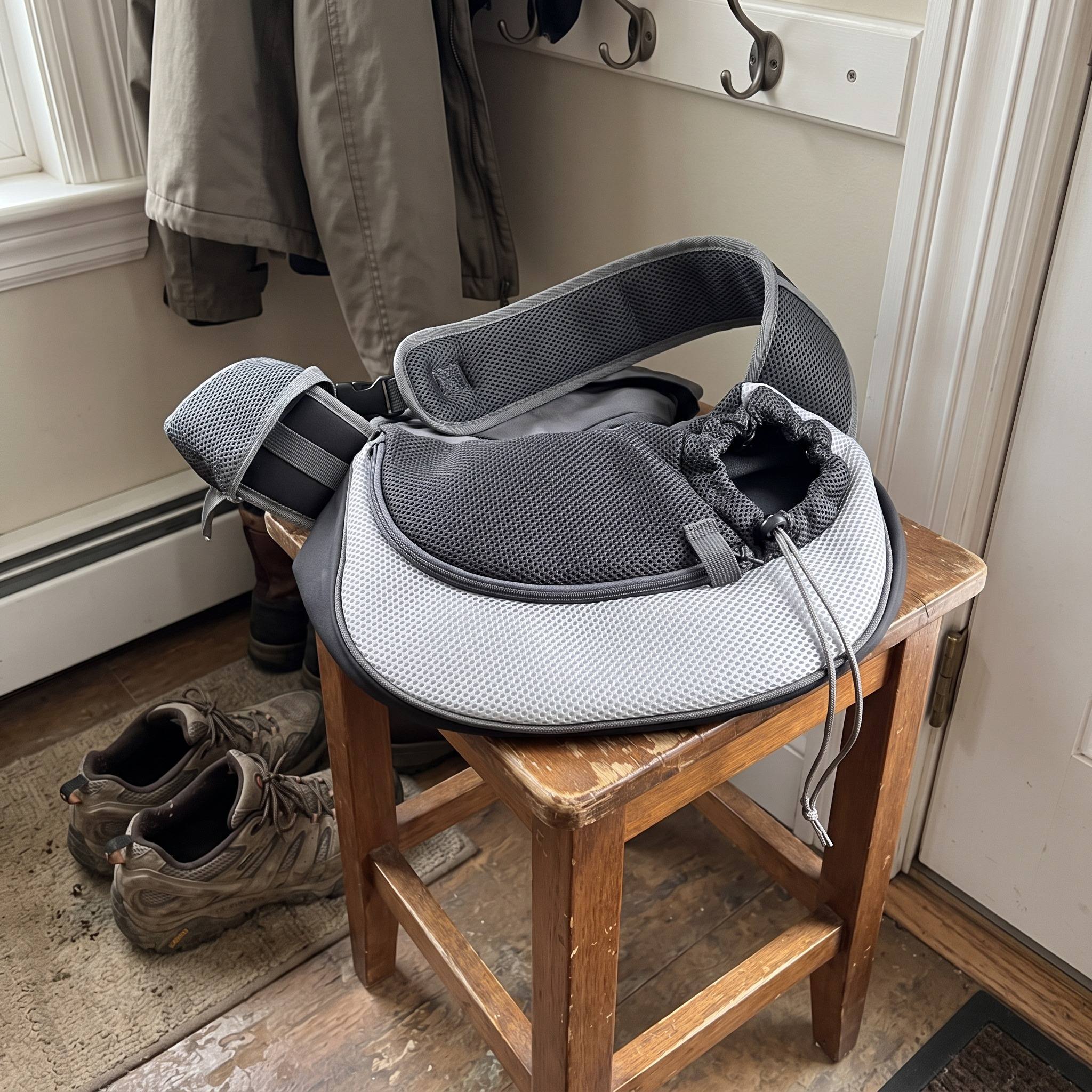 Grey sling in the entryway after a walk