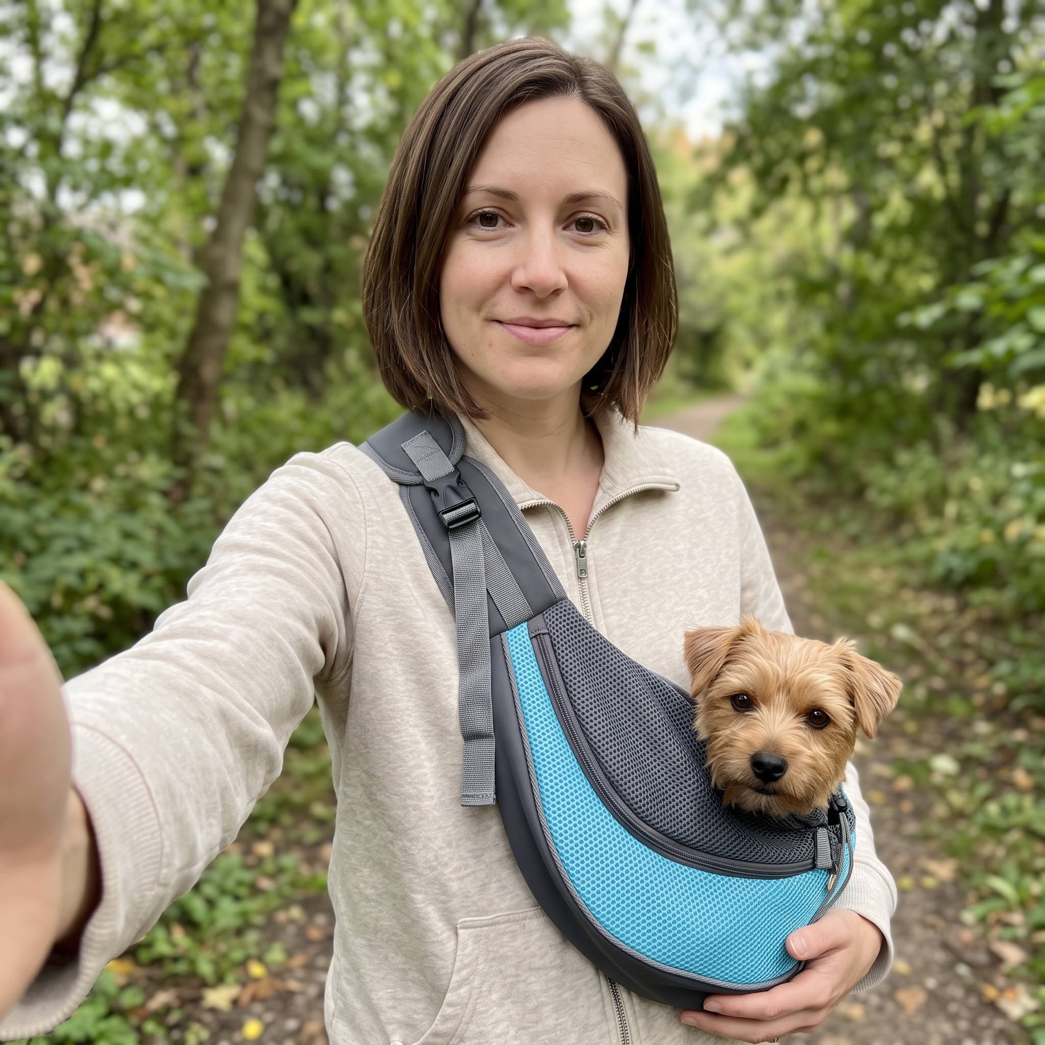Brown-bob woman taking a park selfie with a tan terrier in a Blue Carrykin sling