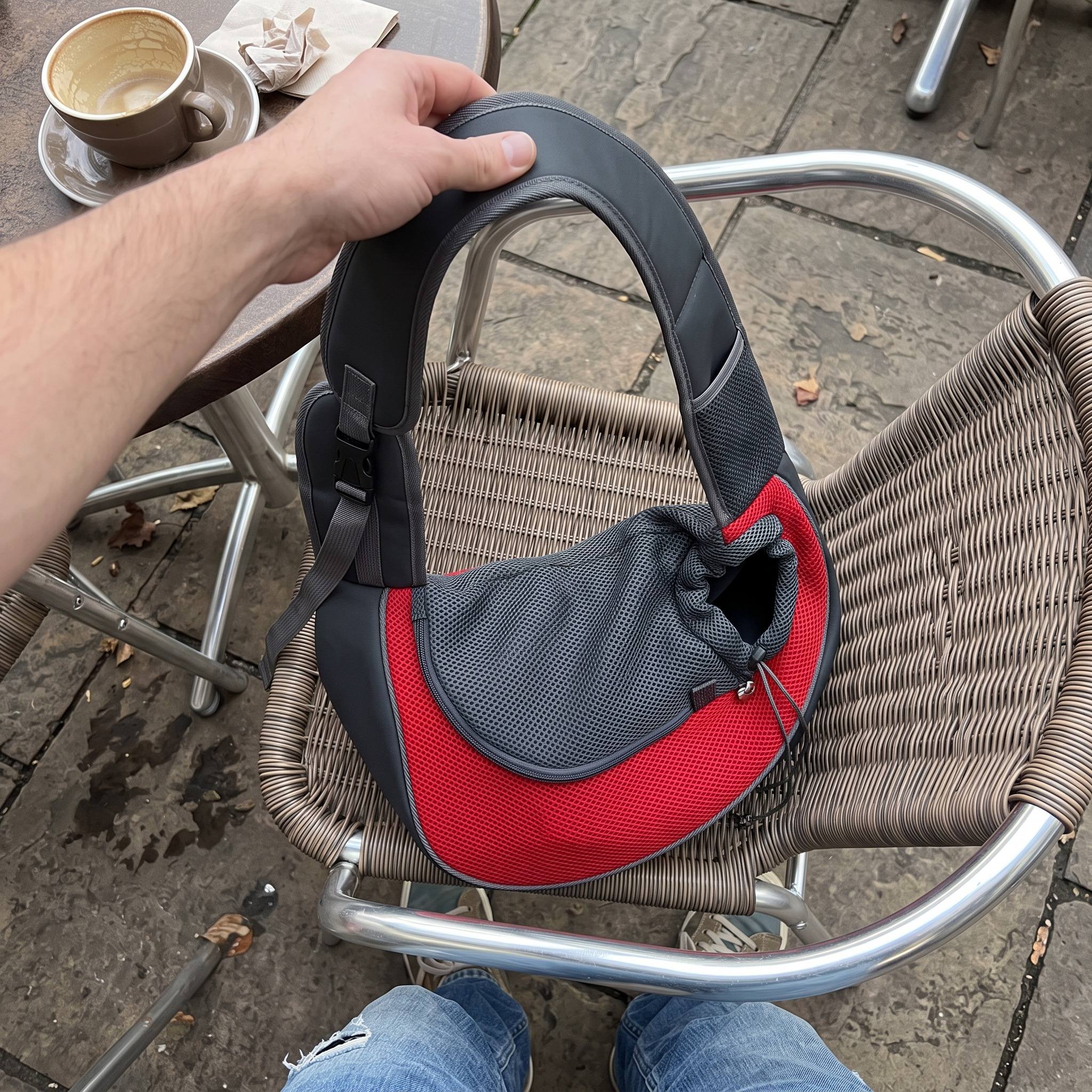 Owner lifts an empty Red sling from a cafe chair beside a coffee table
