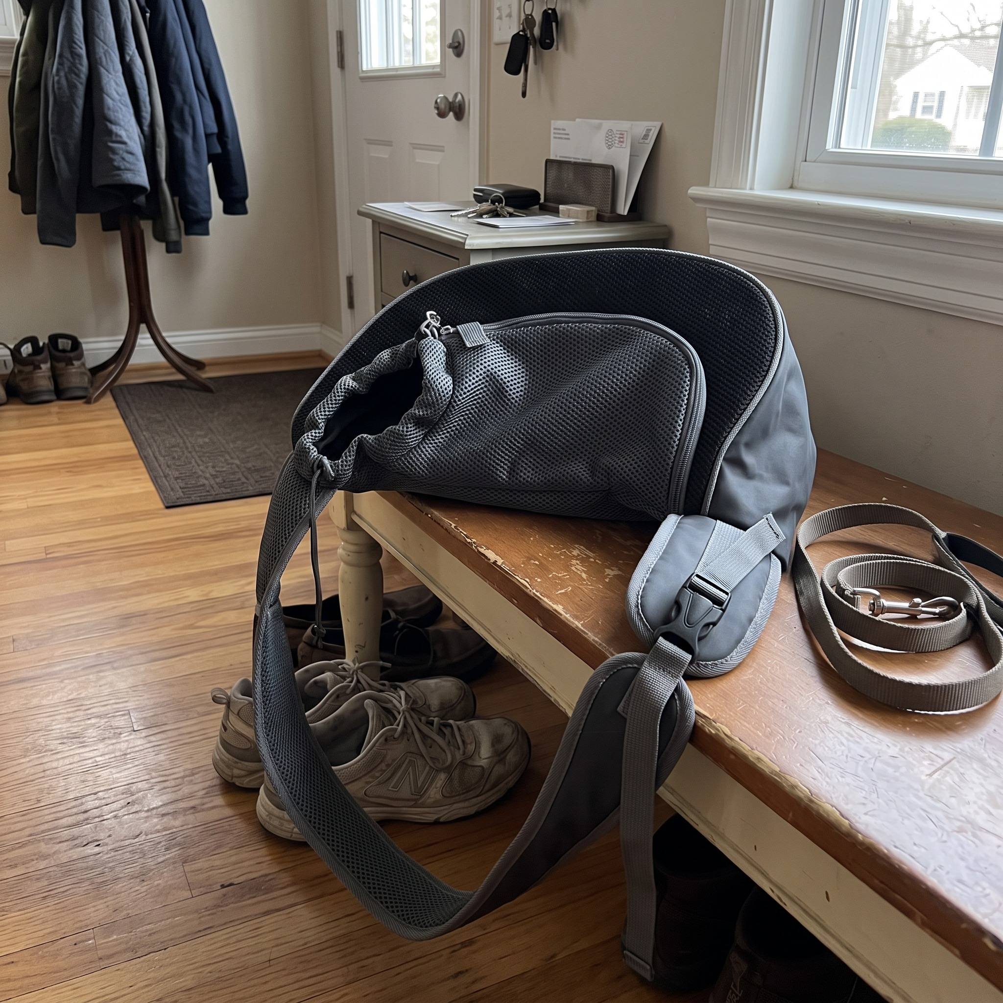 Black Carrykin sling laid beside walking shoes and a leash in a hallway